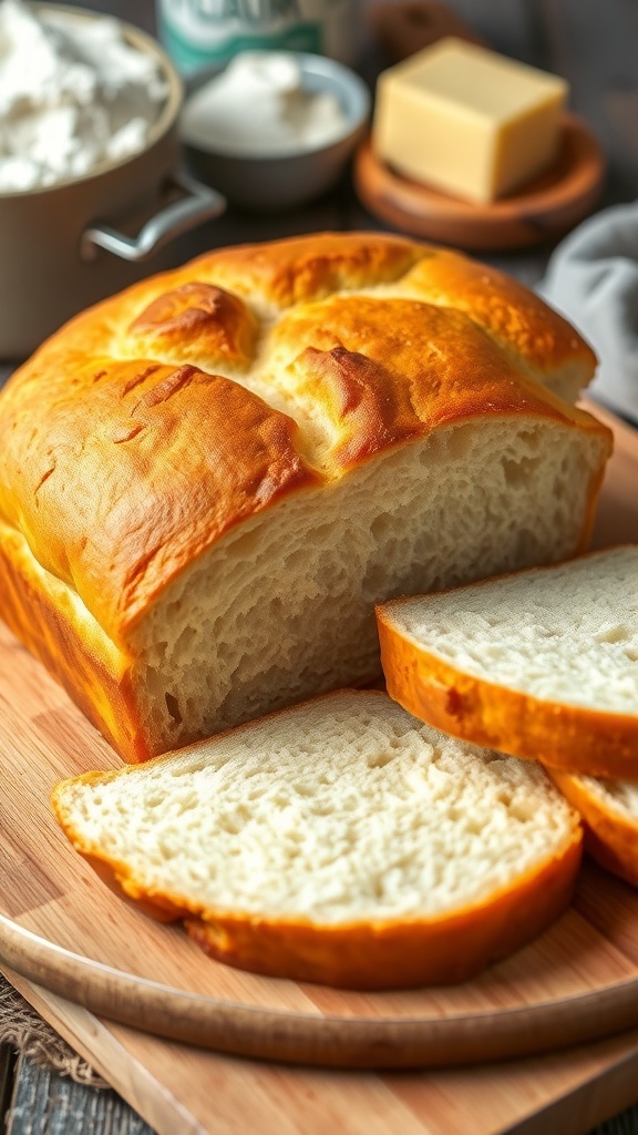 Homemade Sandwich Bread Recipe Freshly baked homemade sandwich bread loaf sliced on a wooden board.